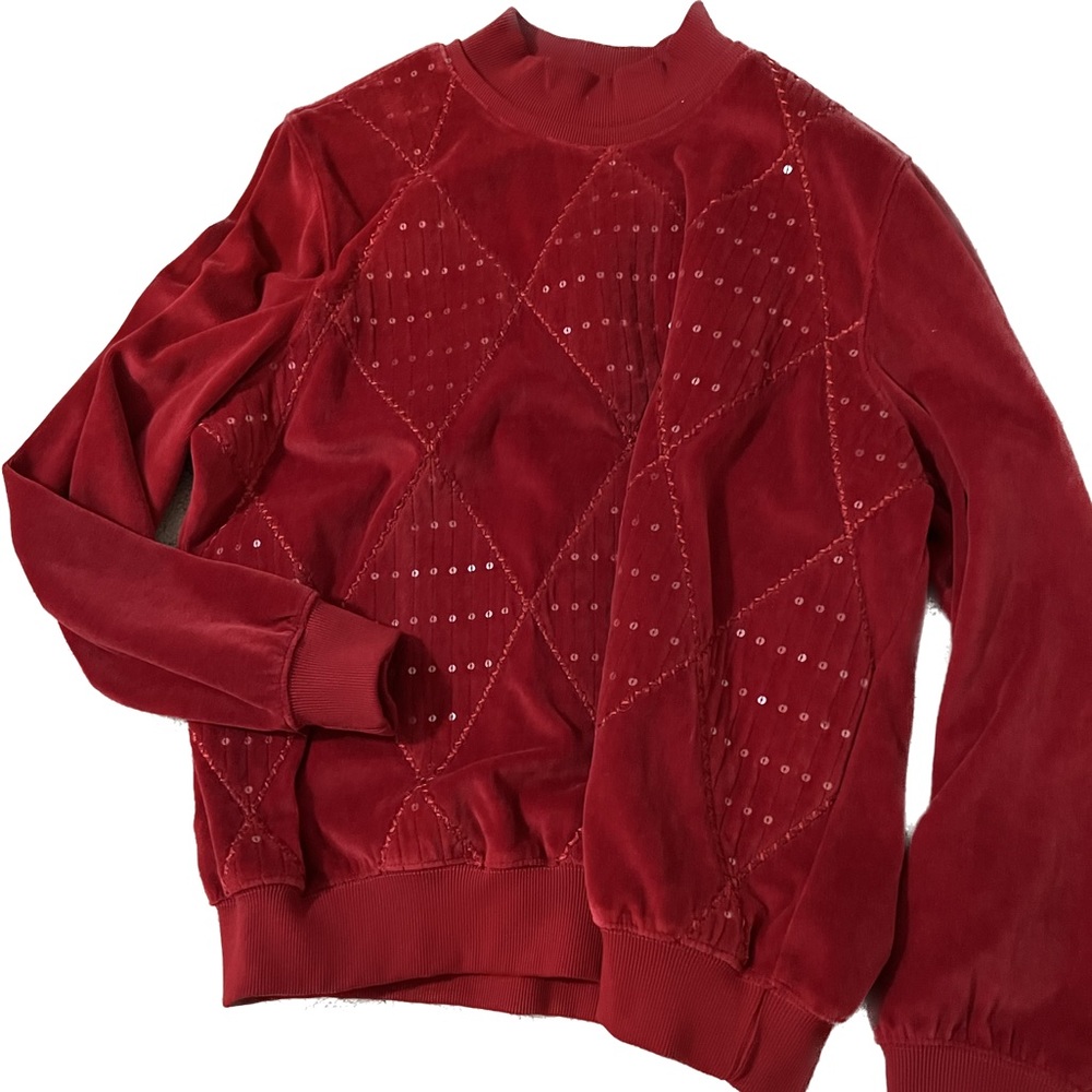 Alfred Dunner Red Velvet Mock Neck Sequence vintage retro crewneck top L